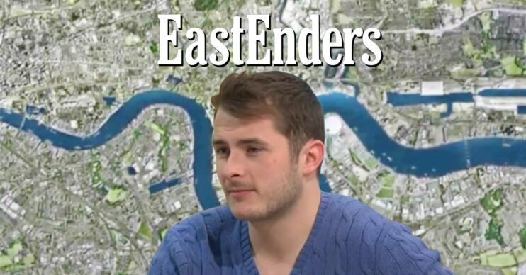 Composite image of Max Bowden (from Lorraine interview) with EastEnders logo and background (Credit: BBC/ITV/YouTube/ED!)