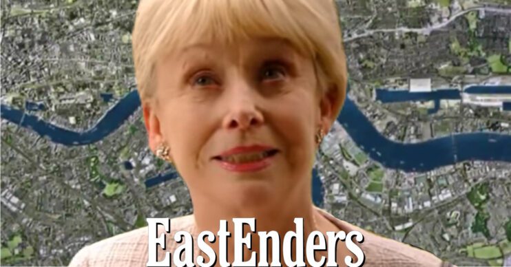EastEnders' Peggy, the EastEnders logo and background of the Thames