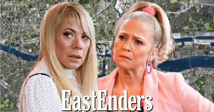EastEnders' Sharon and Linda with the EastEnders logo and background of the Thames