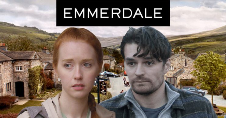 Emmerdale's Chloe, Mack, the Emmerdale logo and background of the Dales