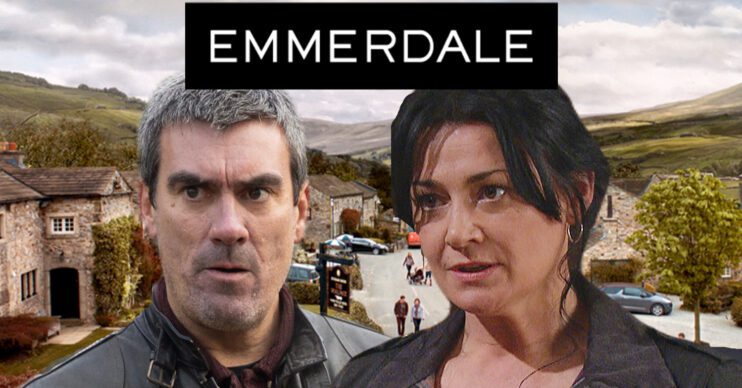 Emmerdale's Cain, Moira, the Emmerdale logo and background of the Dales