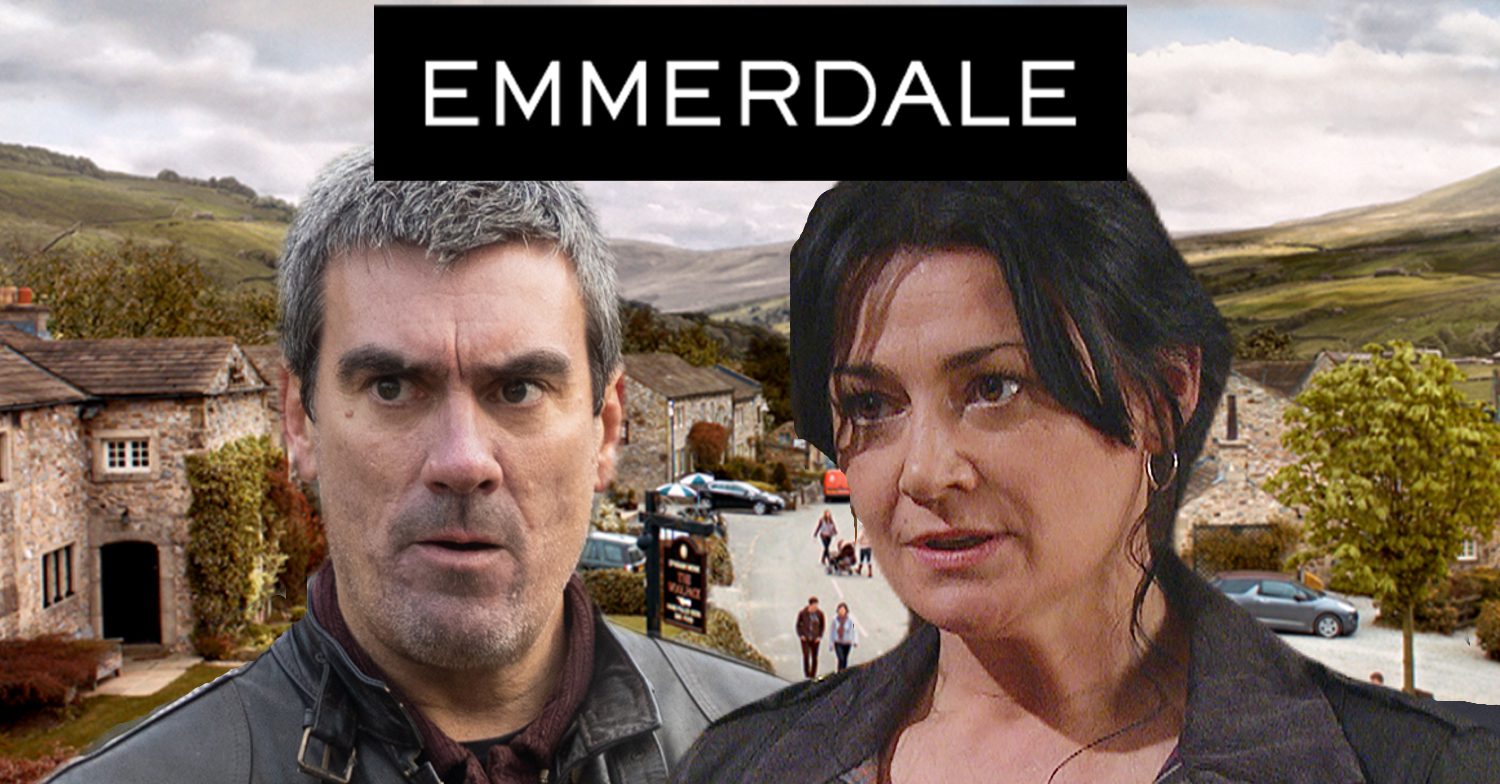 Emmerdale's Cain, Moira, the Emmerdale logo and background of the Dales
