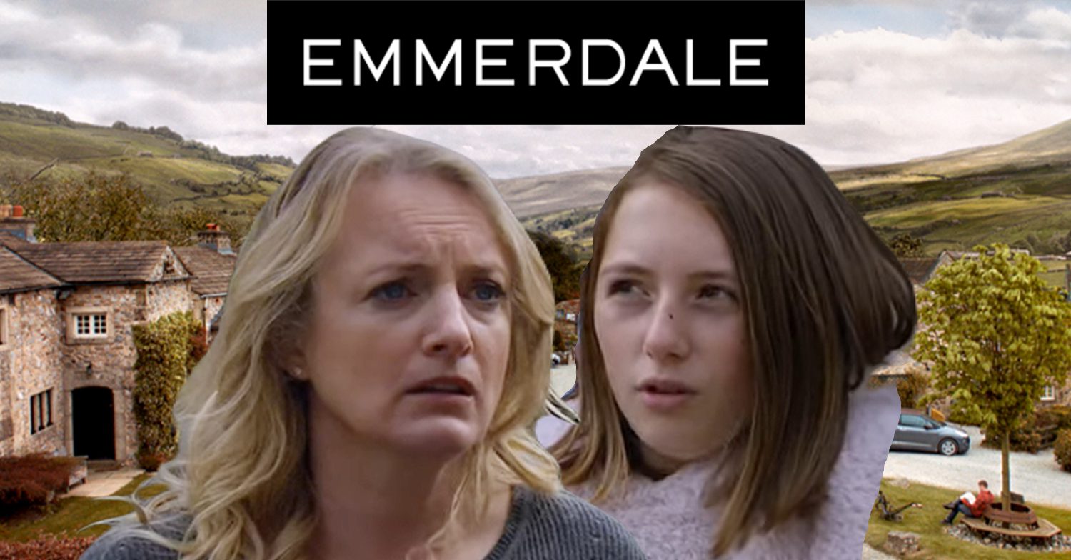 Emmerdale's Nicola, Angel, the Emmerdale background and Emmerdale logo