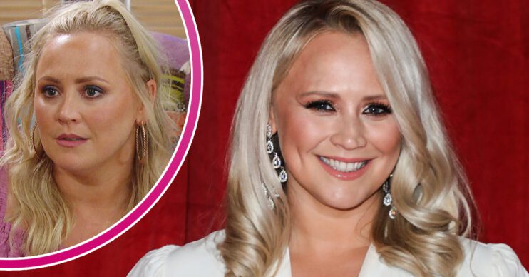 Emmerdale's Amy Walsh is smiling on the red carpet and, in a bubble, is Tracy Metcalfe