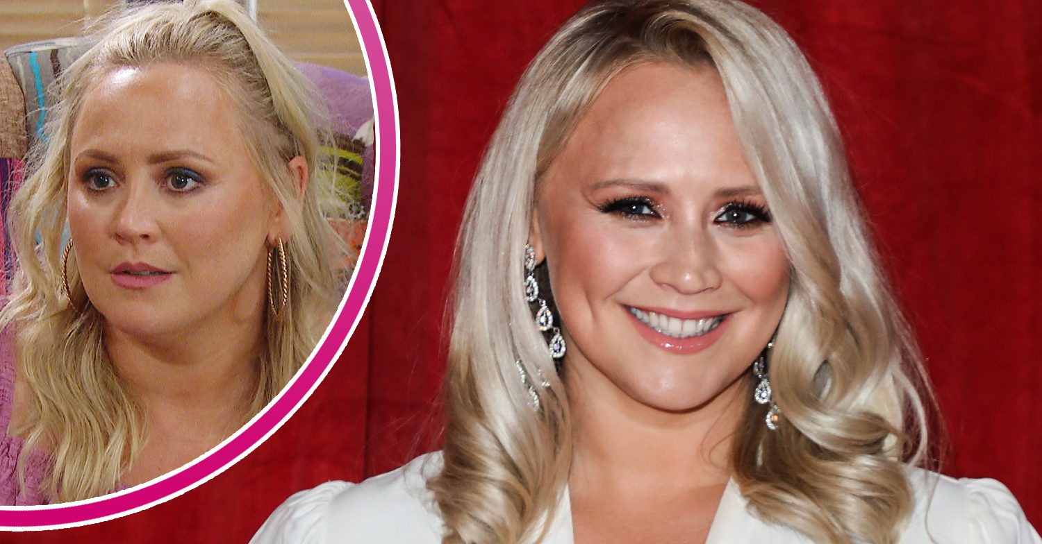 Emmerdale's Amy Walsh is smiling on the red carpet and, in a bubble, is Tracy Metcalfe