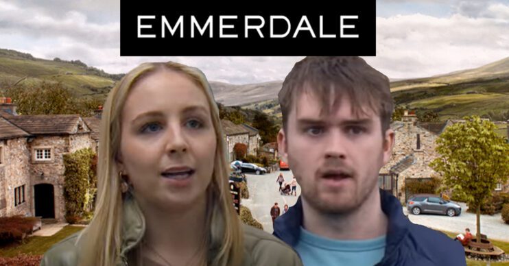 Emmerdale's Belle, Tom, the Emmerdale logo and background of the Dales