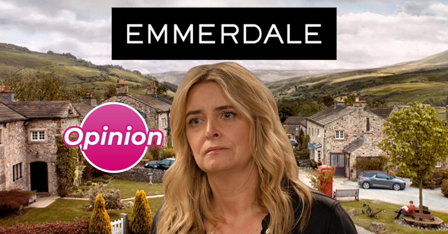 Emmerdale's Charity, the Emmerdale logo, background of the Dales with the word 'opinion' written on it