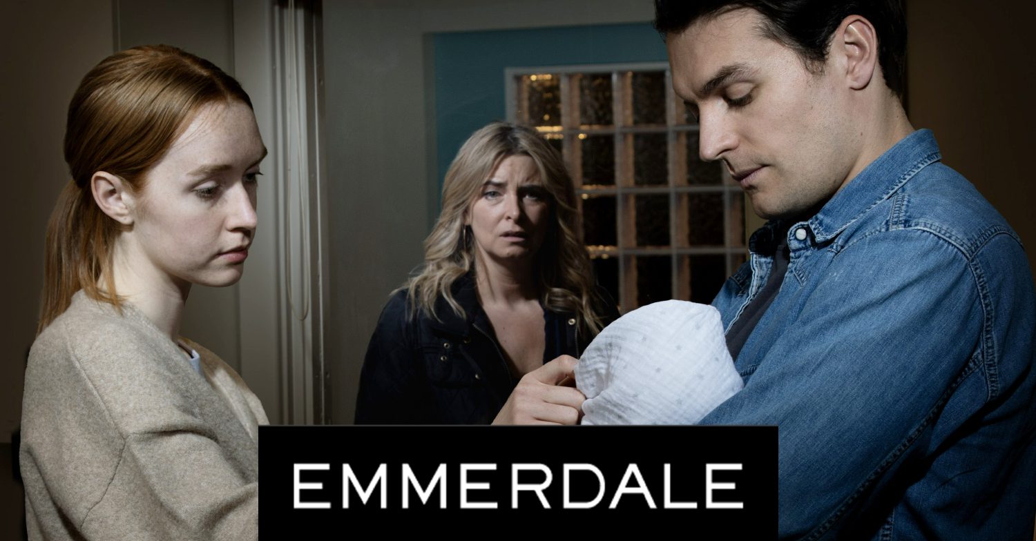 Emmerdale's Chloe and Mack are with baby Reuben as Charity looks on