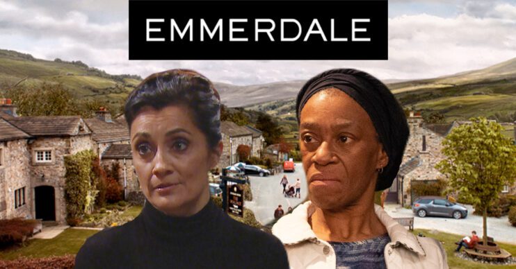 Emmerdale's Manpreet, Claudette, the Emmerdale logo and background of the Dales