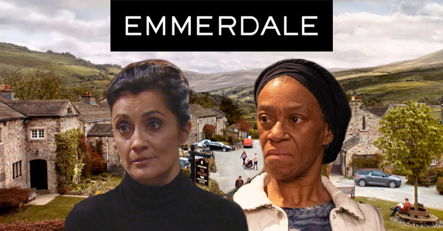 Emmerdale's Manpreet, Claudette, the Emmerdale logo and background of the Dales