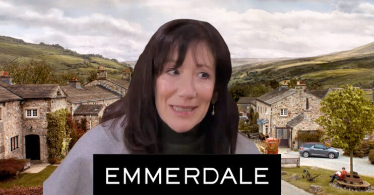 Emmerdale's Faye is with the Emmerdale logo and background of the Dales