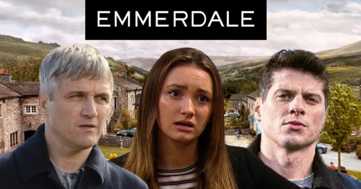 Emmerdale's Caleb, Gabby, Nicky, the Emmerdale logo and background of the Dales