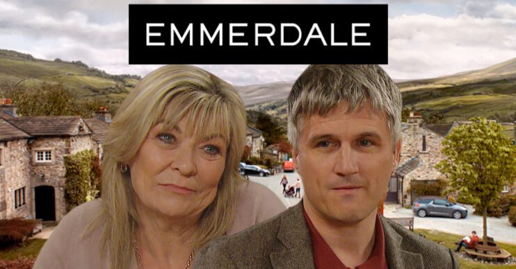 Emmerdale's Kim, Caleb, the Emmerdale logo and background of the Dales