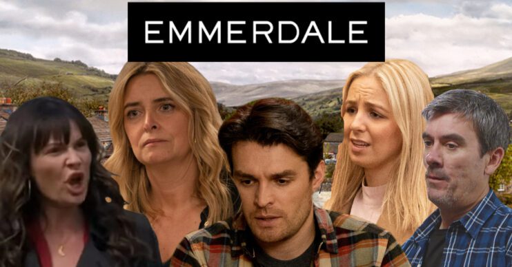 Emmerdale's Chas, Charity, Mack, Belle and Cain, the Emmerdale logo and background of the Dales