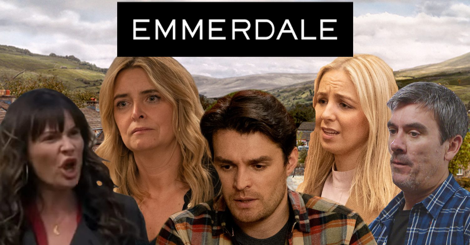 Emmerdale's Chas, Charity, Mack, Belle and Cain, the Emmerdale logo and background of the Dales
