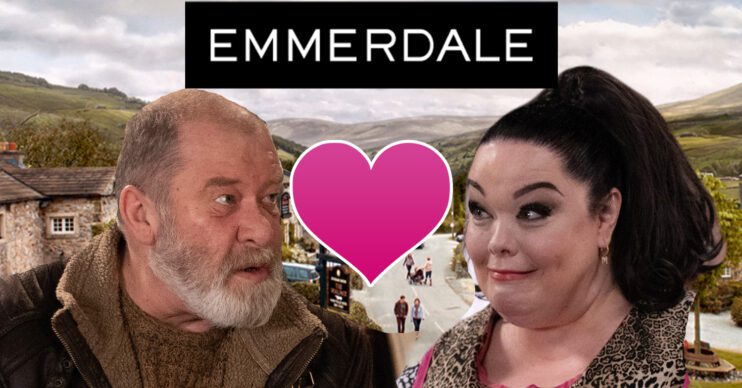 Emmerdale's Bear, Mandy, a full love heart, the Emmerdale logo and background of the Dales