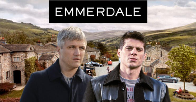 Emmerdale's Caleb, Nicky, the Emmerdale logo and background