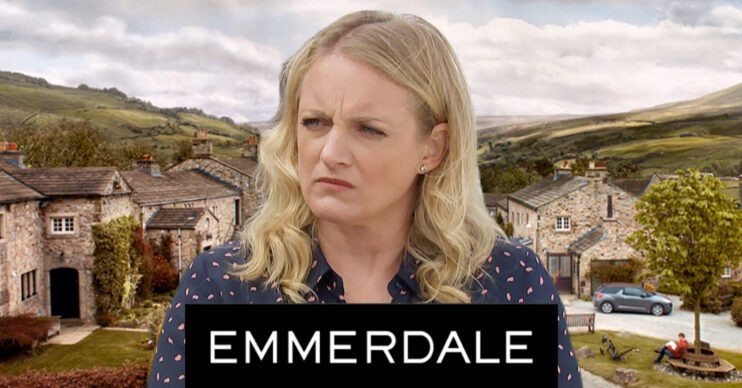 Nicola, the Emmerdale logo and background of the Dales