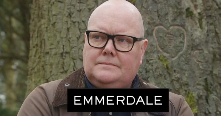 Paddy looking depressed on Emmerdale; show logo inset (Credit: ITV/Composite: Entertainment Daily)