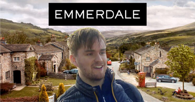 Emmerdale's Tom King with the Emmerdale logo and background of the Dales