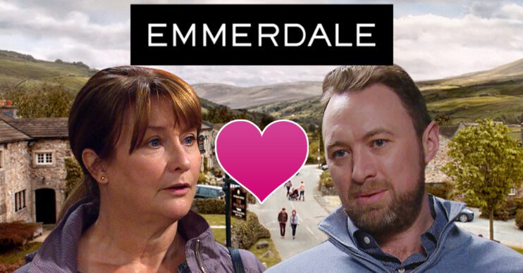 Emmerdale's Wendy, Liam, a love heart, the Emmerdale logo and background of the Dales