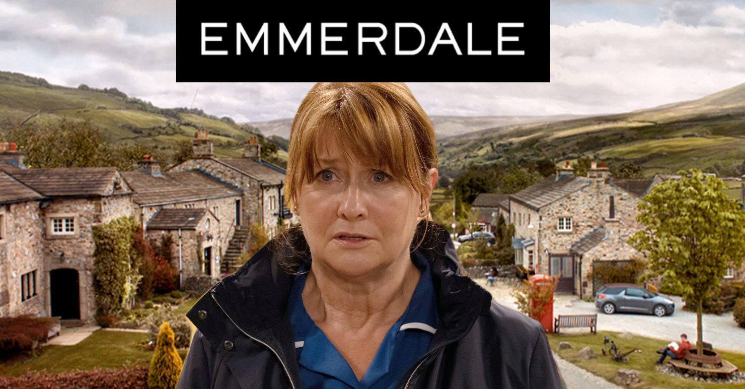 Emmerdale's Wendy is in her nurse uniform, the Emmerdale logo and background of the Dales