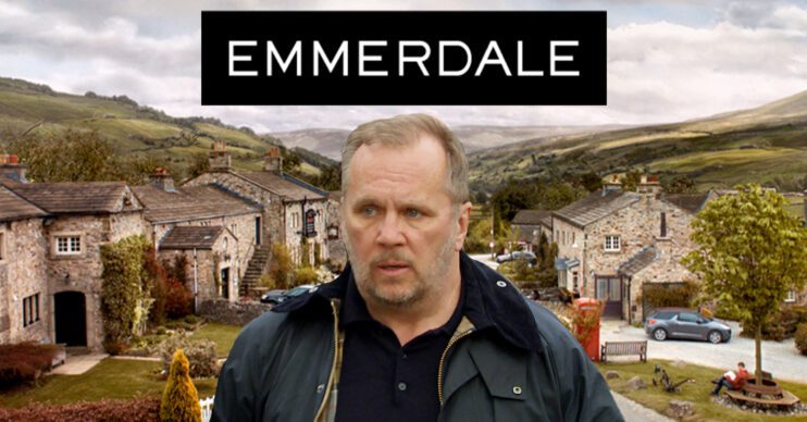 Emmerdale's Will looks angry with the Emmerdale logo and background of the Dales