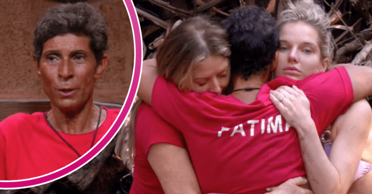 Fatima, Carol and Helen cuddling and Fatima looking upset on I'm A Celebrity