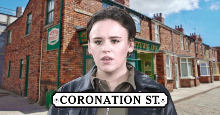 Faye looks upset on Coronation Street; inset, show background and logo (Credit: ITV/Composite: ED!)