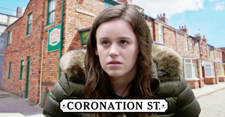 Faye looks worried on Coronation Street; in the background Rovers and show logo (Credit: ITV/Composite: ED!)
