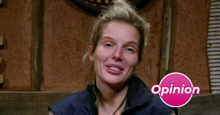 Helen Flanagan smiling on I'm A Celebrity South Africa with ED 'opinion' badge