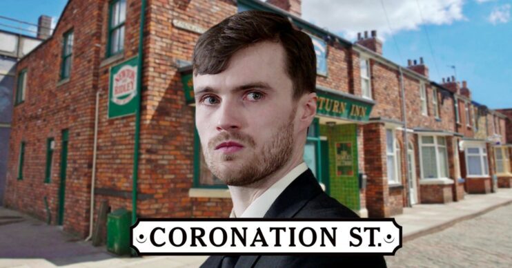 Justin looking sinister on Coronation Street; Rovers background and show logo (Credit: ITV/Composite: ED!)
