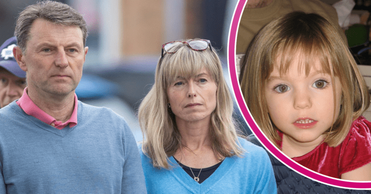 Kate and Gerry McCann looking sad and Madeleine in a red dress