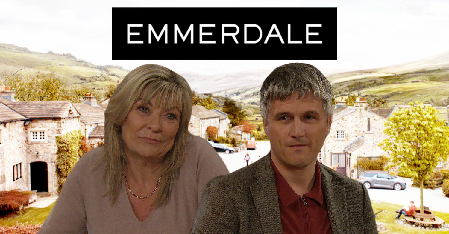 Caleb and Kim looking smug on Emmerdale; inset, show logo and background (Credit: ITV/Composite: ED!)