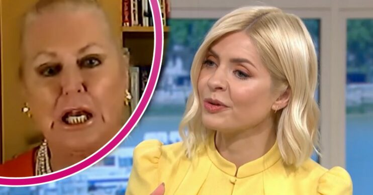Kim Woodburn looking angry on GB News, Holly Willoughby speaking on This Morning