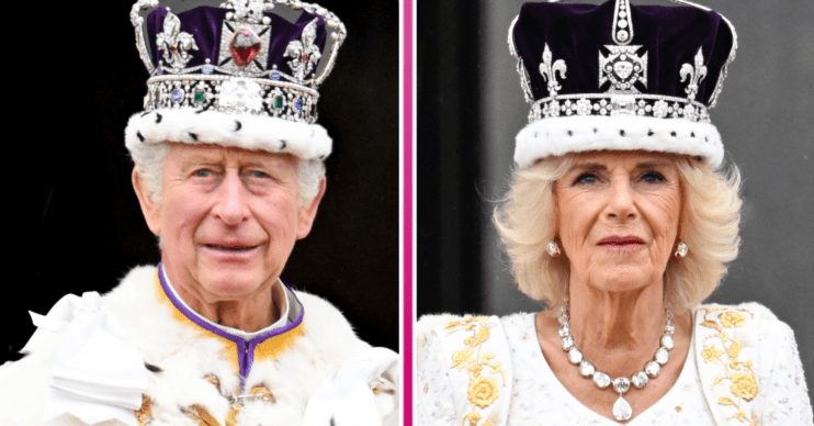 King Charles and Queen Camilla smiling at the coronation