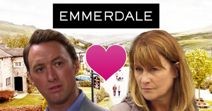 Liam and Wendy on Emmerdale with love heart emoji and show logo against village backdrop (Credit: ITV/Composite: ED!)