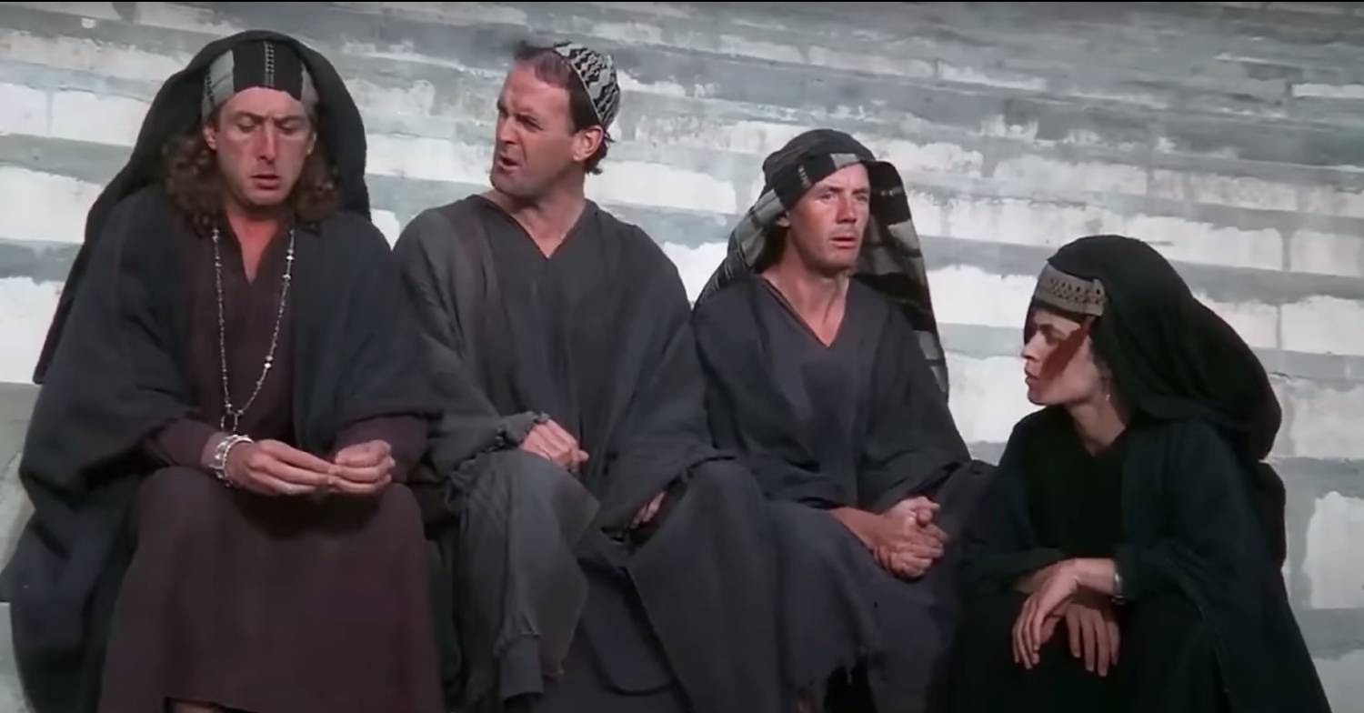 Monty Python stars John Cleese, Eric Idle and Michael Palin in a scene from Life of Brian