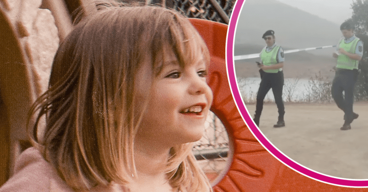Madeleine McCann smiling and police searching a lake
