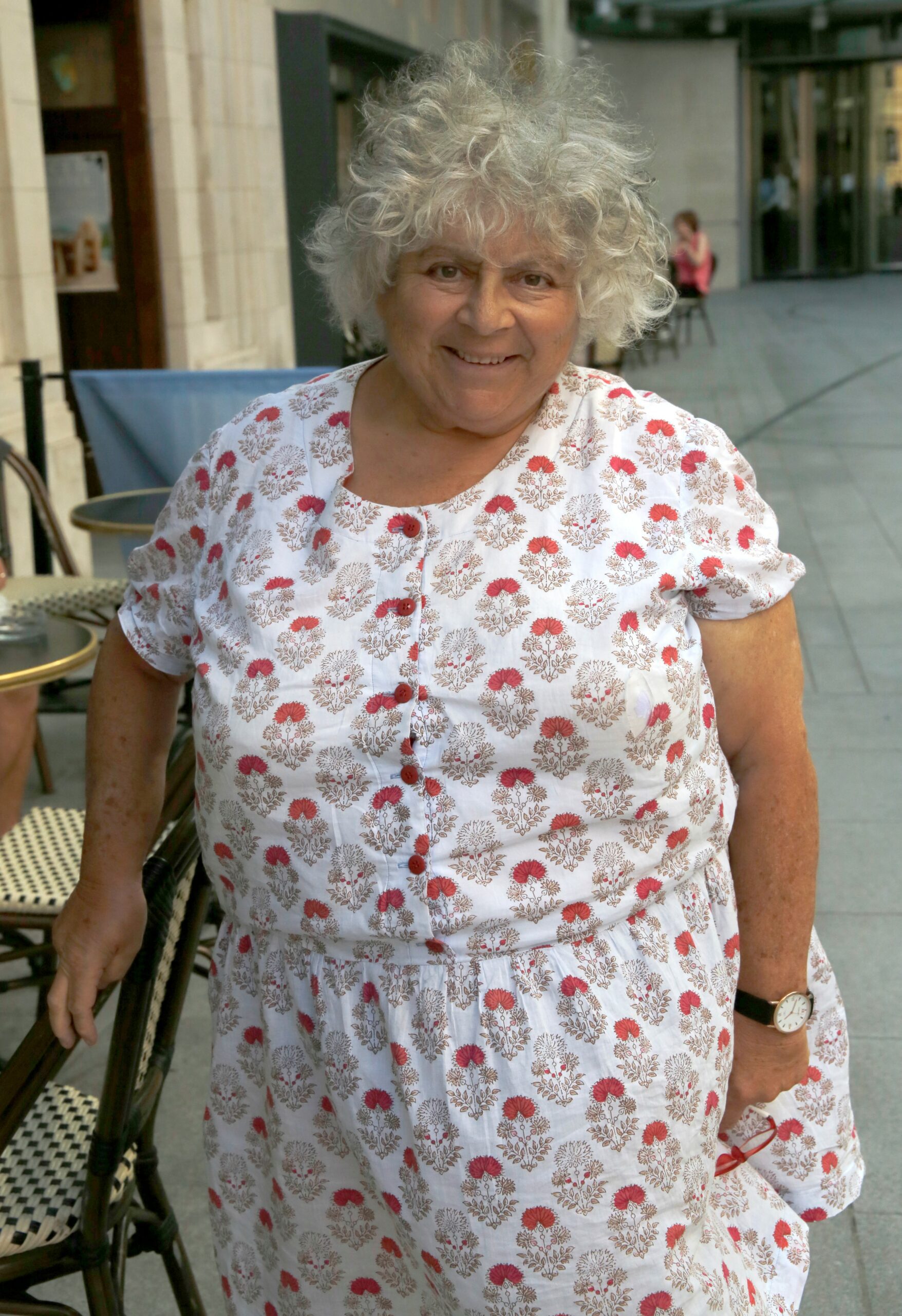 Miriam Margolyes smiling outside BBC studios