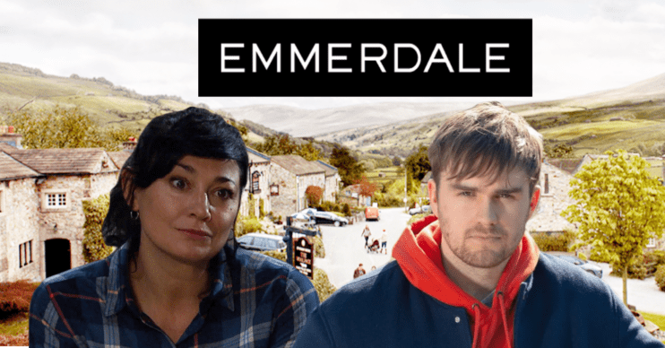 Composite of Moira and Tom on Emmerdale; inset, show logo and village background (Credit: ITV/Composite: ED!)