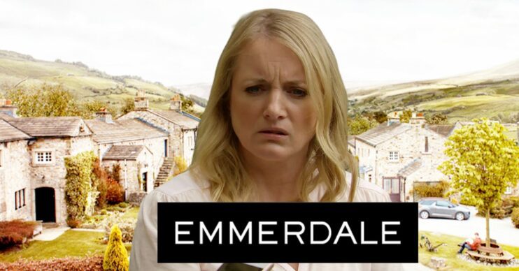 Nicola looking upset and worried on Emmerdale against village background and show logo (Credit: ITV/Composite: ED!)