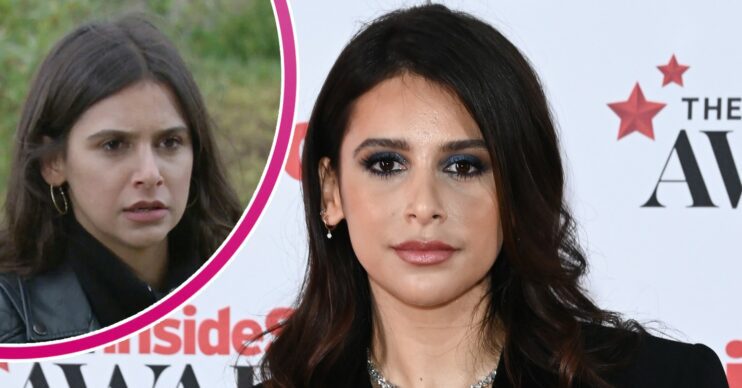 Paige Sandhu looking glam at an event; inset, as Meena on Emmerdale (Credit: ITV/Shutterstock/David Fisher/Composite: ED!)