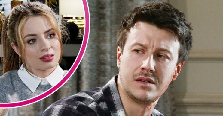Composite image of Ryan and Daisy on Coronation Street, he looks annoyed; inset, she is worried (Credit: ITV/Composite: Entertainment Daily)