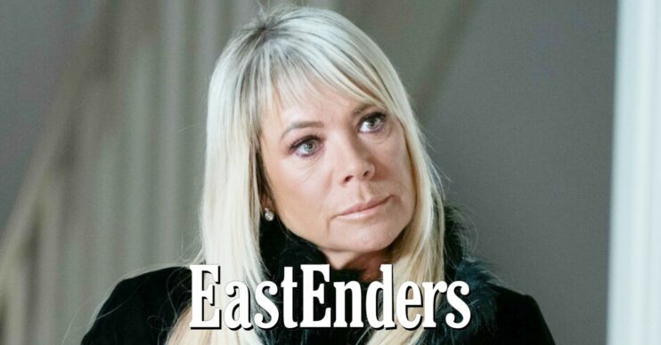 Sharon looking serious on EastEnders; inset, show logo (Credit: BBC/Composite: Entertainment Daily!)