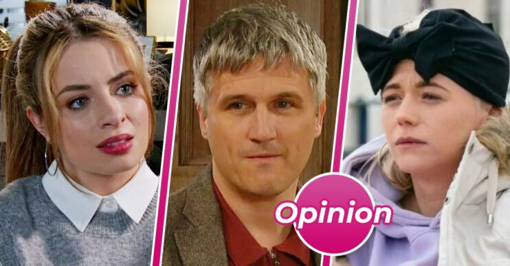 Comp image for soaps are boring: Coronation Street Daisy, Emmerdale Caleb and EastEnders Lola with opinion bubble