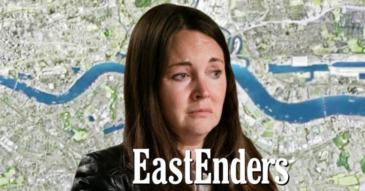 Stacey looking distraught on EastEnders; inset, logo and background (Credit: BBC/Composite: ED!)