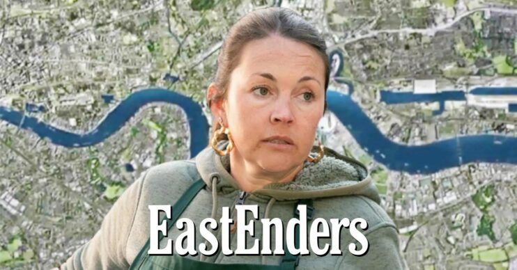 Composite image of Stacey looking worried in EastEnders against show background and logo (Credit: BBC/Composite: ED!)