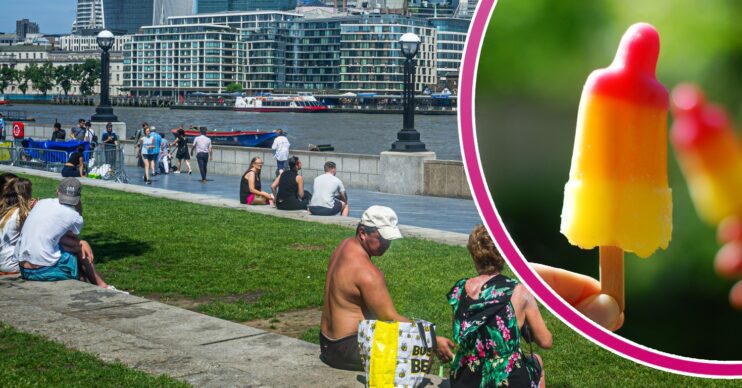 People sunbathing in UK weather, ice lolly