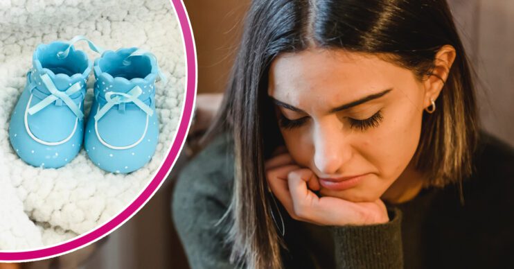 Woman frowns/ blue baby shoes